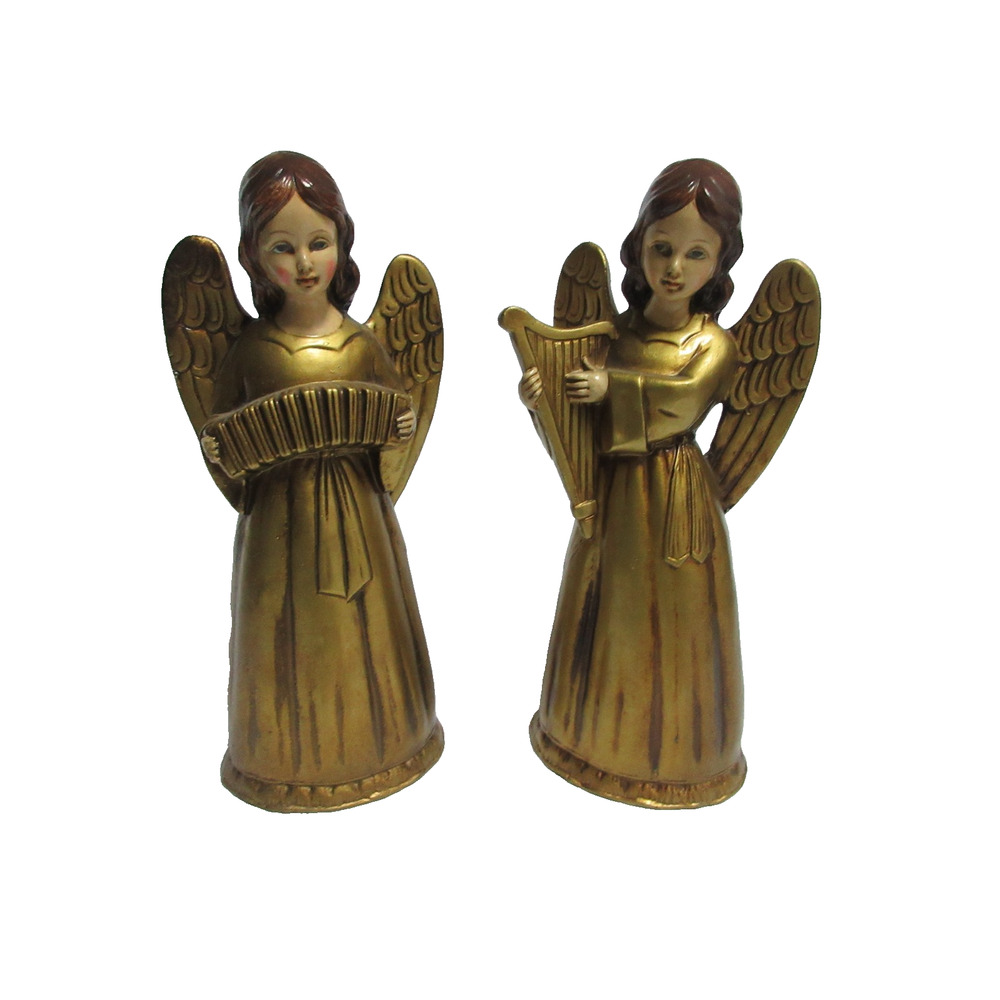 VTG Brinns Angel Figurine Christmas Harp Accordion Music Gold Patina 10"